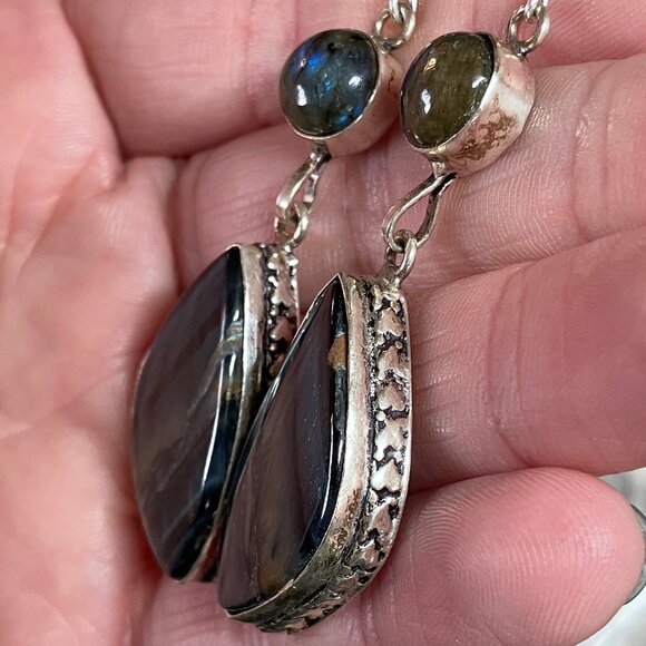 Labradorite and Blue Tigers Eye Hawk Eye Earrings Stone Crystal Jewelry - Picture 6 of 11